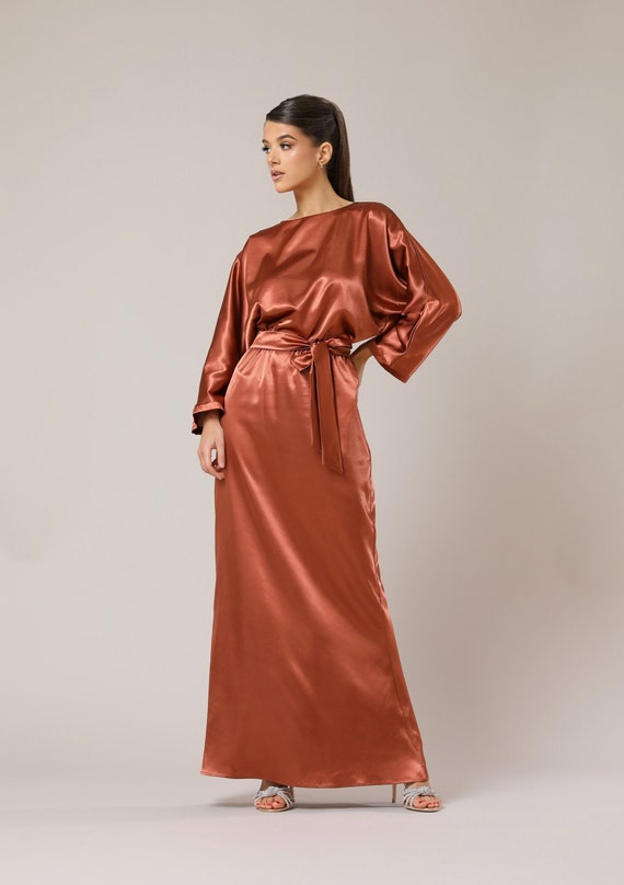 chinese dress ladies Long Sleeve Metallic Jersey Evening Gown in Copper Bronze main image 0