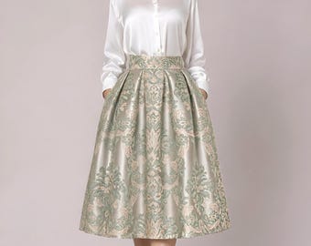 Gonna formale midi in jacquard, gonna a pieghe con tasche, gonna a vita alta, gonna color oro champagne salvia, gonna midi da cocktail