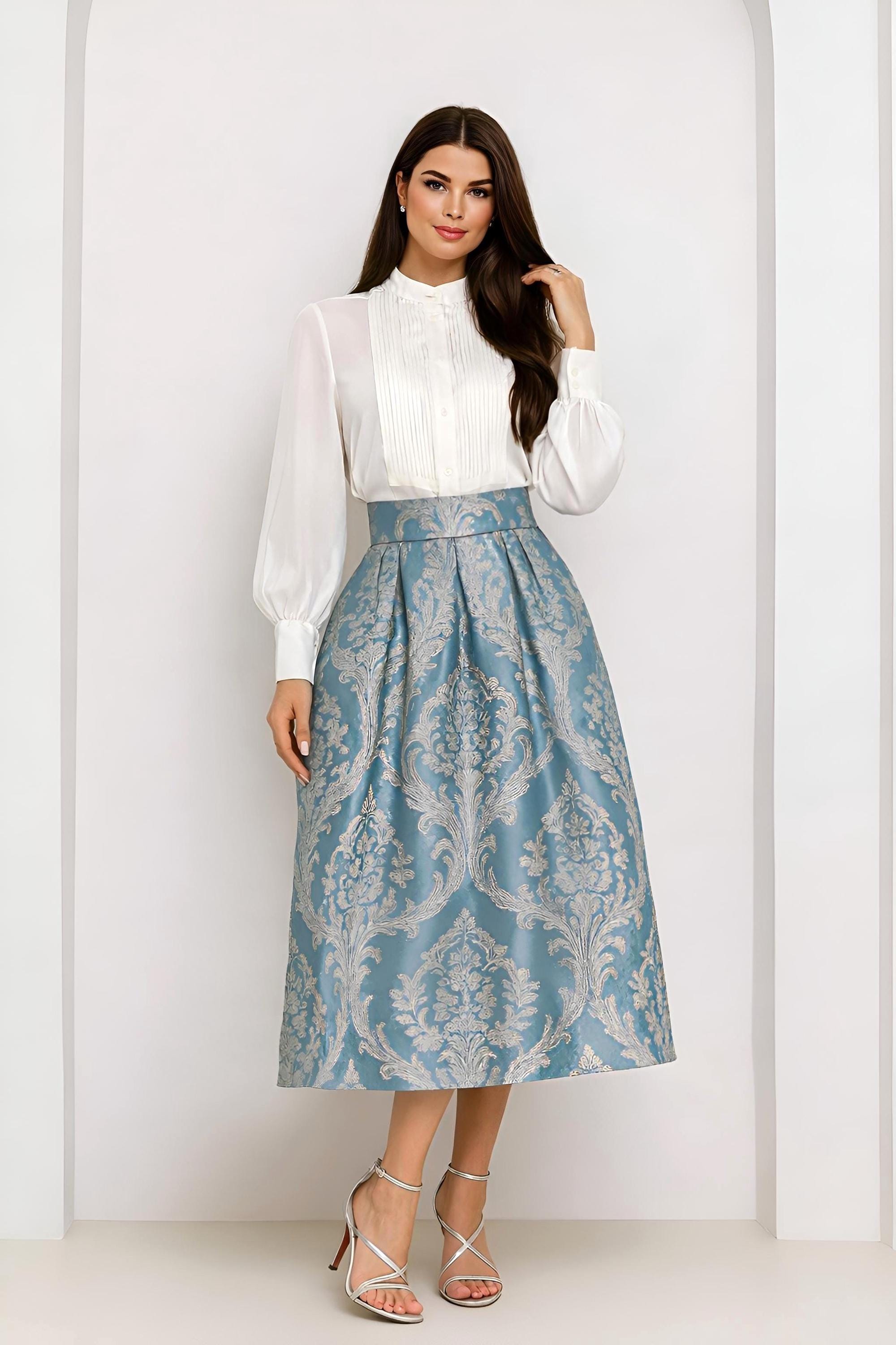 Teal Jacquard Midi Skirt, High Waist Pleated Skirt, Elegant