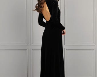 Wedding Guest Velvet Dress, Backless A-Line Gown, Long Sleeve Black Maxi Dress