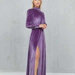 Violet bridesmaid velvet dress, maxi dress, long sleeve dress, a line dress backless dress, dress slit, dress wedding guest, high neck dress, elegant dress, maid of honor, formal dress, bridal attire, mother of the bride, reception dress, gown dress