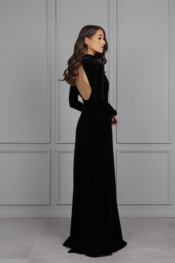 maxi dress heels Black Backless Maxi Dress with Cowl Neck & Thigh-High Slit Black / L