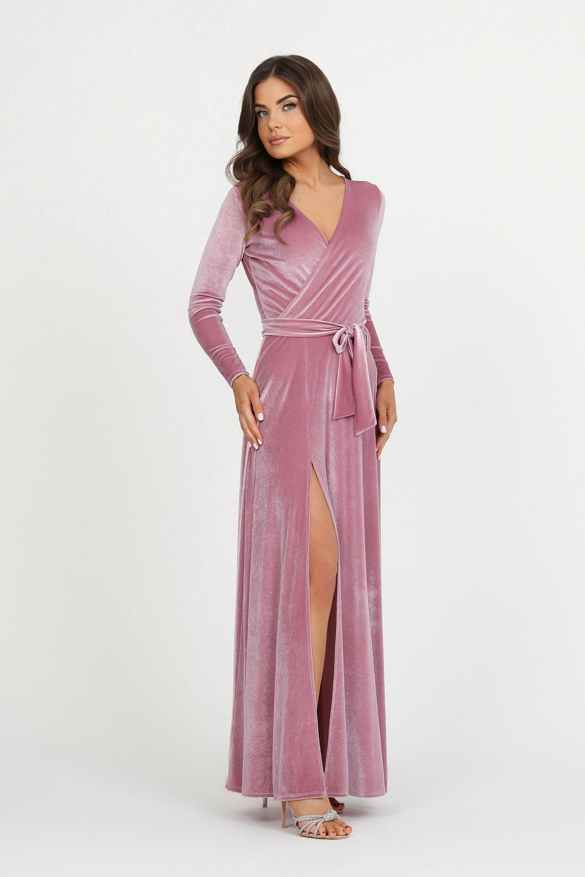 Wedding Guest Velvet Dress, Pink Bridesmaid Dress, Long Sleeve Evening Dress