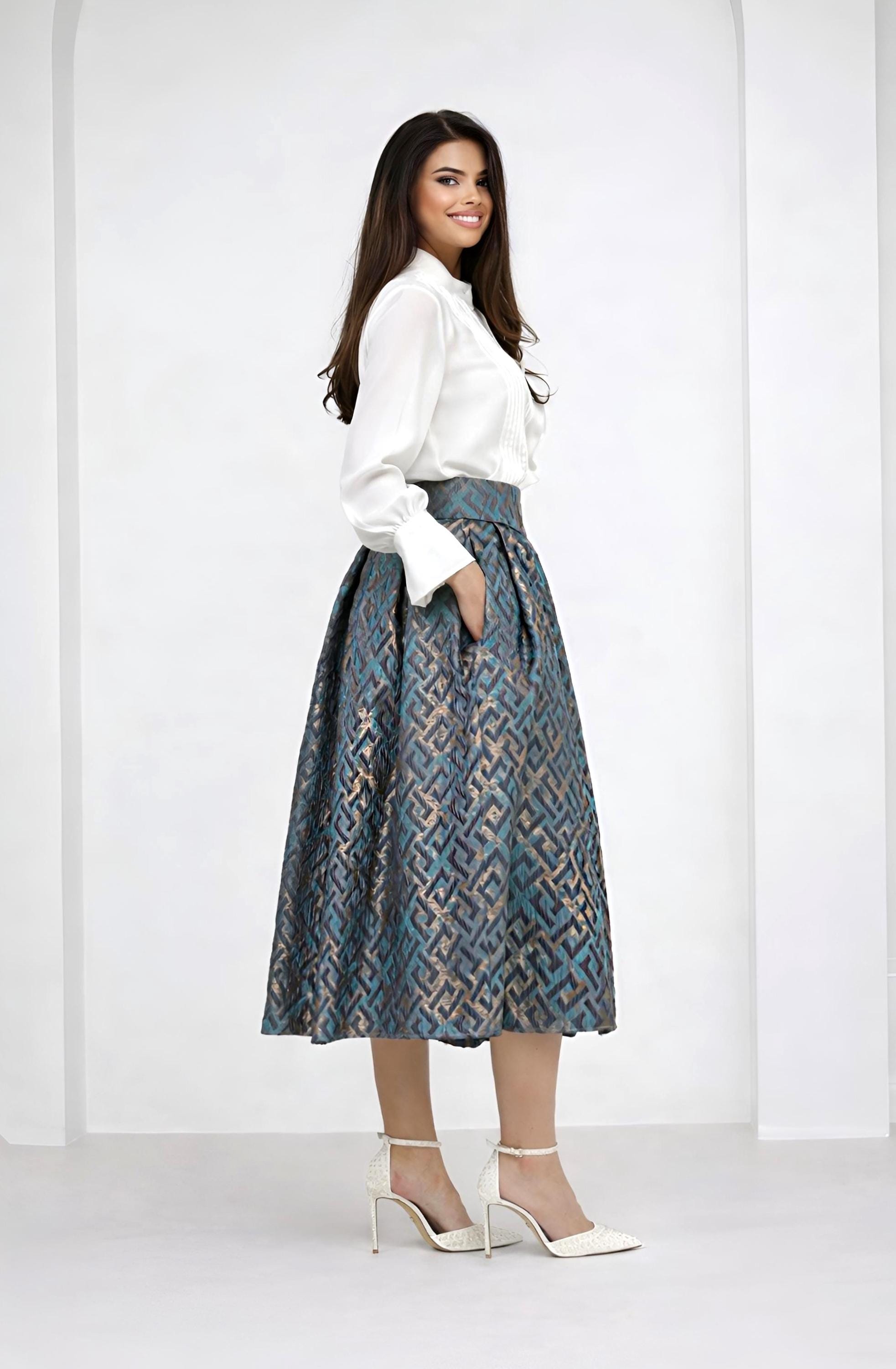 High Waist Jacquard Skirt With Pockets, Elegant Navy Cocktail
