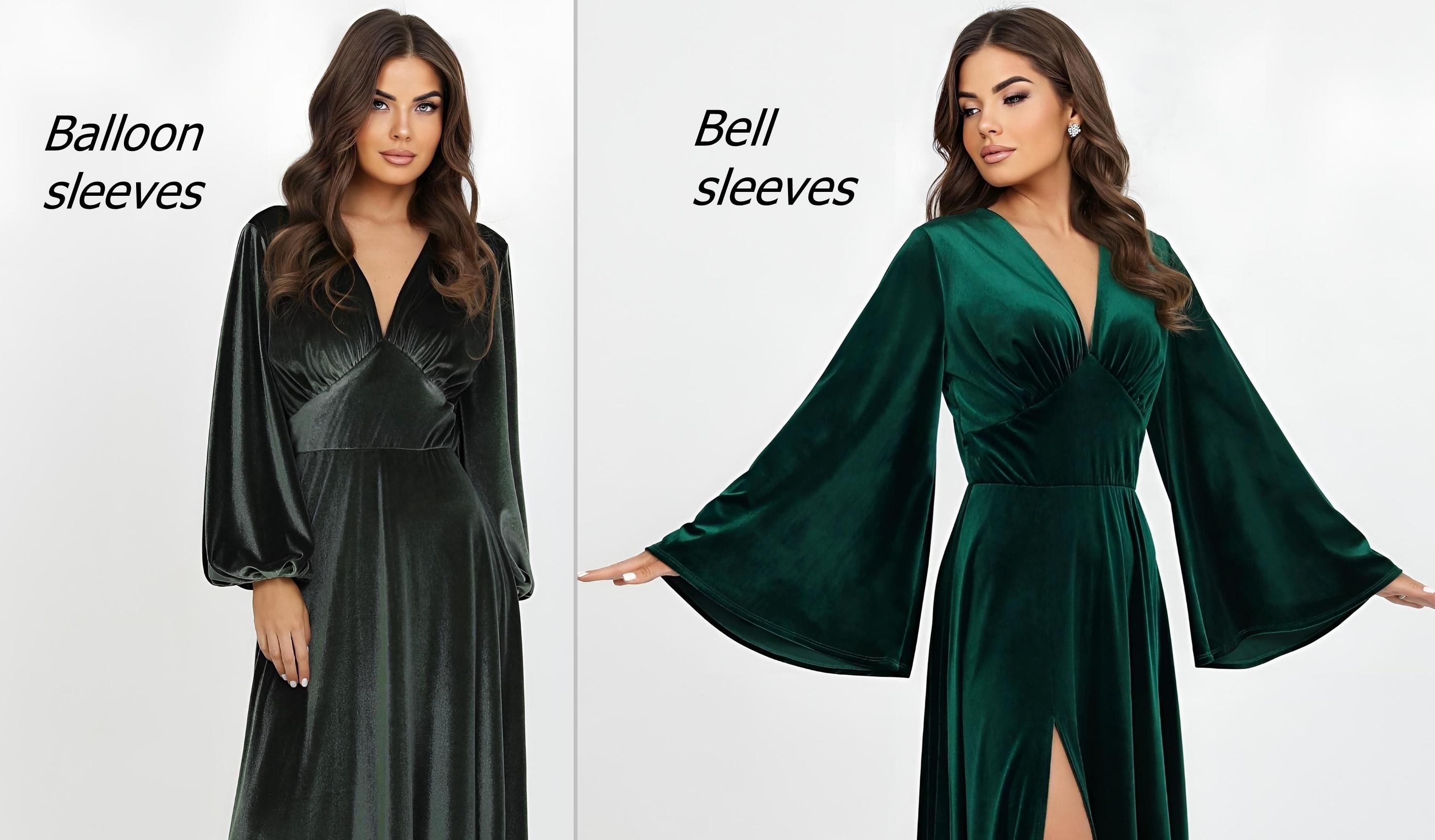 Velvet Wedding Guest Dress, Emerald Bell Sleeve Gown, V-neck