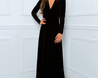 long sleeve black velvet bridesmaid dresses Ellis Trendy Short Sleeves Slit Long Velvet Bridesmaid Dresses, Black main image 0