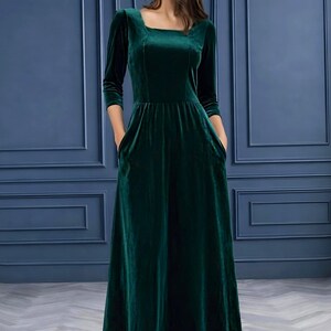 Emerald Green Velvet Dress, Elegant A-Line Gown, Formal Bridesmaid Dress Half sleeve, women midi dress, square neck dress with pockets
