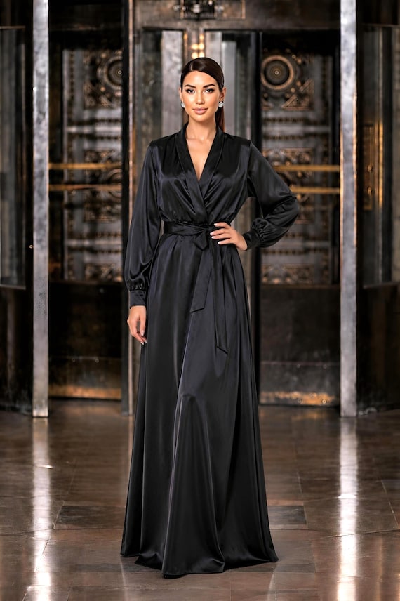 silk dress flowy Black Satin Maxi Dress, Elegant Long Sleeve for Women, Formal Cocktail Dress, Satin Bridesmaid Dress custom shoes barcelona