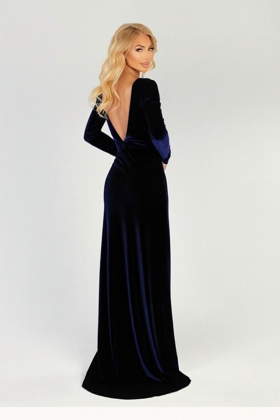 blue velvet backless dress Simple Velvet Blue Mermaid Long Prom Dress, Backless Velvet Blue Evening Dress Custom Size / Blue