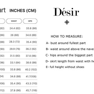 Op de afbeelding: Maattabel voor kleding in inches en centimeters. De tabel toont maten van XXS tot 2XL met de bijbehorende borst-, taille- en heupmaten. Een diagram toont hoe je borstomvang, tailleomvang, heupomvang, rok lengte en volledige hoogte meet.