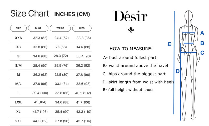 Op de afbeelding: Maattabel voor kleding in inches en centimeters. De tabel toont maten van XXS tot 2XL met de bijbehorende borst-, taille- en heupmaten. Een diagram toont hoe je borstomvang, tailleomvang, heupomvang, rok lengte en volledige hoogte meet.