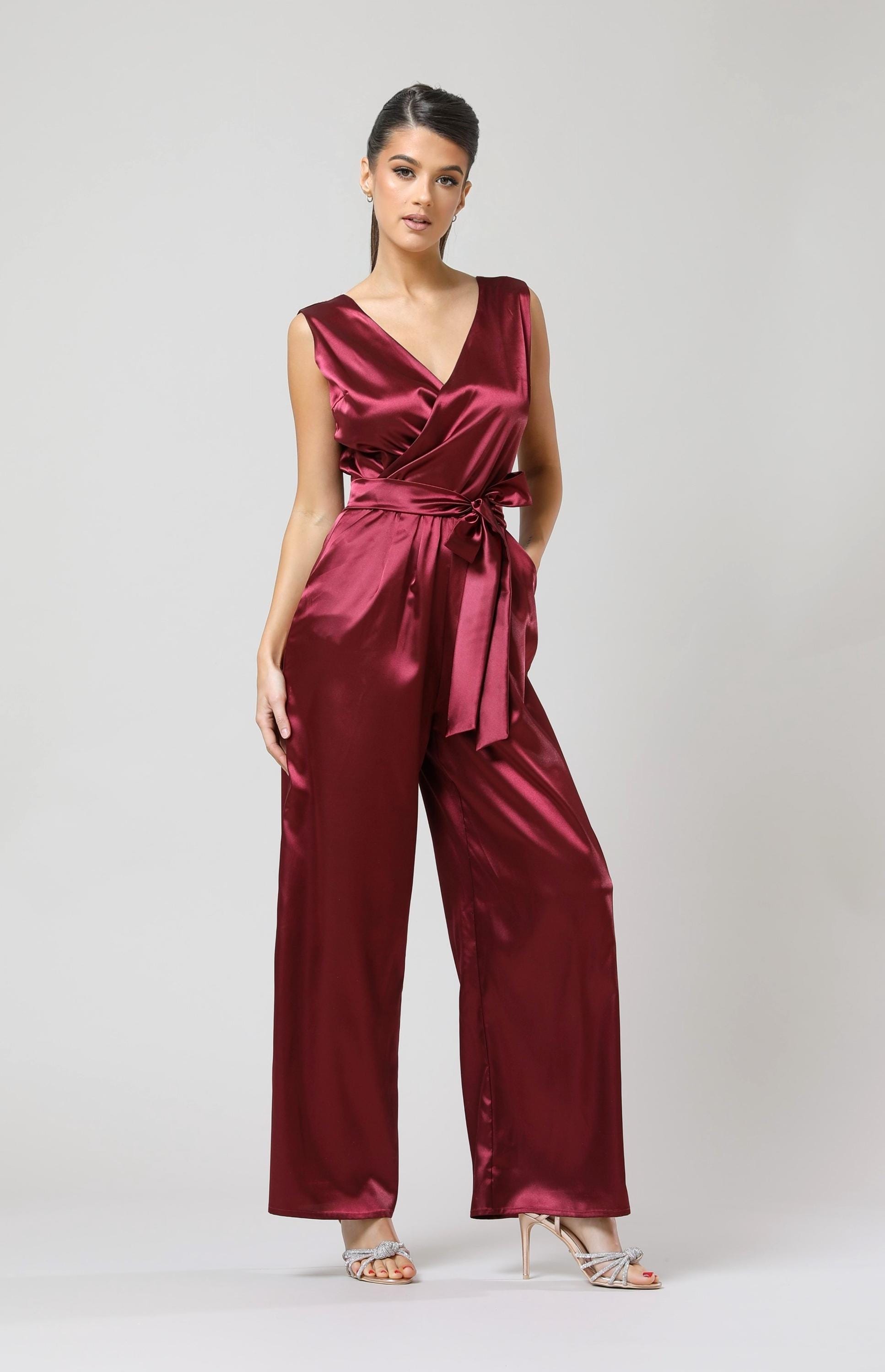 Black Satin Sleeveless Jumpsuit, Wide Leg Open Back Overalls, Deep