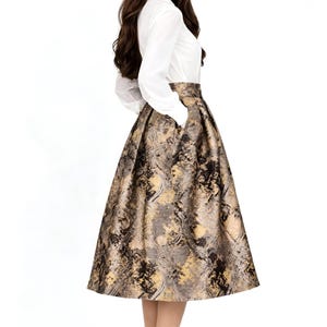 Bronze Jacquard Midi Skirt Elegant Pleated Skirt High Waisted, Brown Gold Skirt Box Pleats Evening Skirt women midi skirt, modest brown skirt with pleats