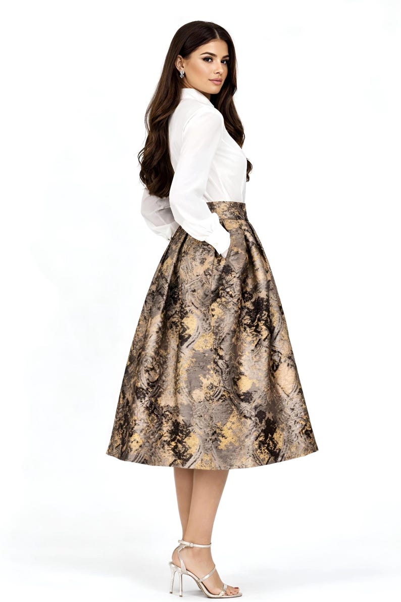 Bronze Jacquard Midi Skirt Elegant Pleated Skirt High Waisted, Brown Gold Skirt Box Pleats Evening Skirt women midi skirt, modest brown skirt with pleats