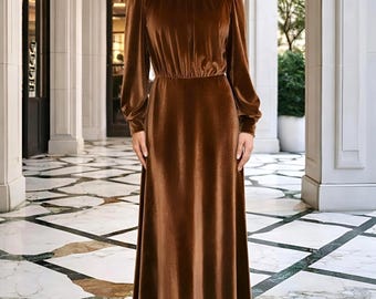 Braun Samt Kleid- Langarm Maxi Kleid- Mockneck Kleid- Frauen Kleid- Urlaub Party Kleid Hochzeit Gast Kleid