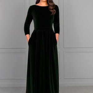 Velvet Maxi Dress, Deep Green Bridesmaid Dress, Premade Dress with Slit. Pleated long dress with pockets. Size XS, ready to ship