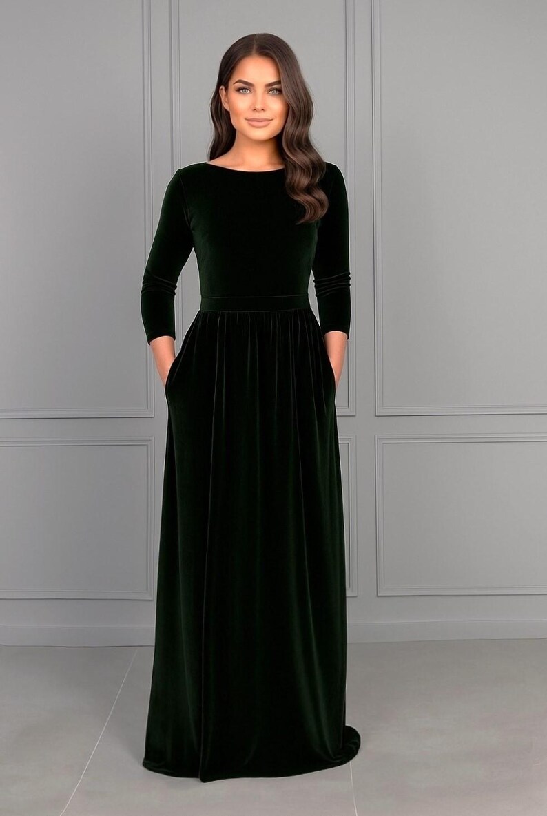 Velvet Maxi Dress, Deep Green Bridesmaid Dress, Premade Dress with Slit. Pleated long dress with pockets. Size XS, ready to ship