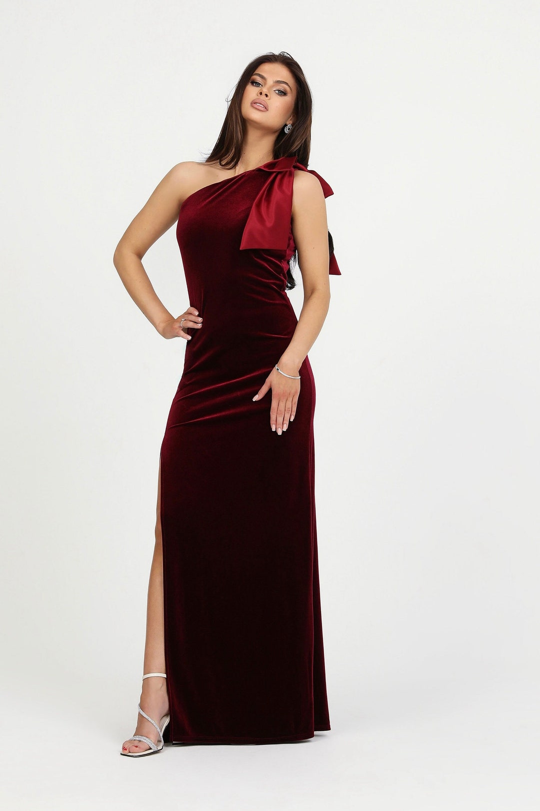 One-Shoulder Long Velvet Dresses with Slit Marigold Plus Size