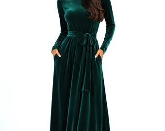 Dark Green Velvet Dress, Long Sleeve Crew Neck Formal Dress, Bridesmaid Maxi Dress with Pockets