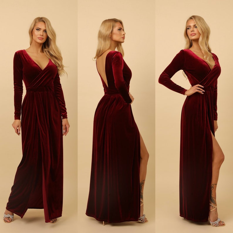 Party Dress, Velvet Dress, Bridesmaid Dress, Maid Of Honor, Slit Dress, Low Back Dress Long Sleeve Evening Gown Burgundy Dress Maxi Dress, Long Dress Long Sleeve, Pleated Dress, Neck Wrap, Dress Wedding Guest, Mother Of The Bride, Dress Velvet, gown