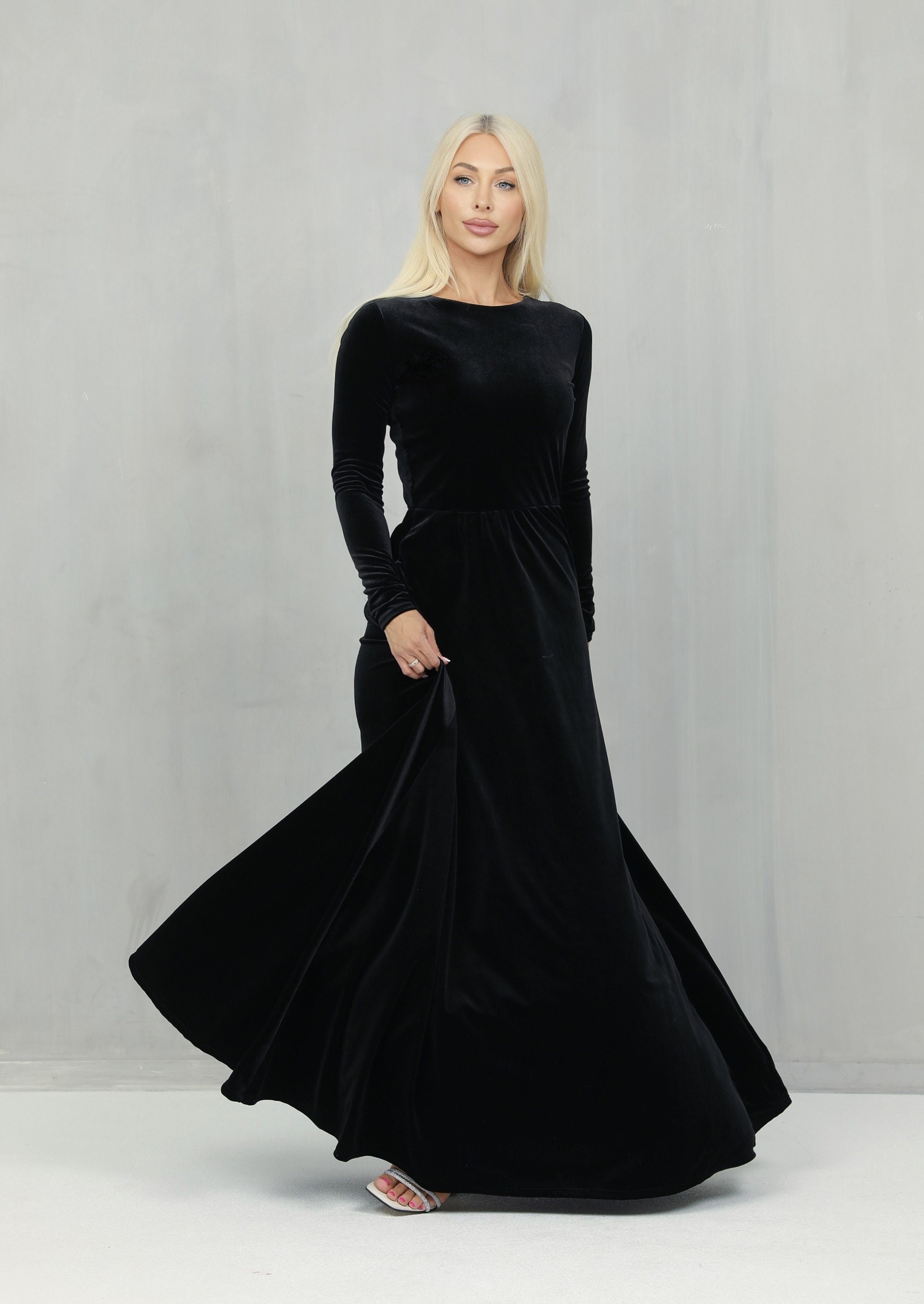 Elegant Black Velvet Dress, Long Sleeve A-Line Formal Gown