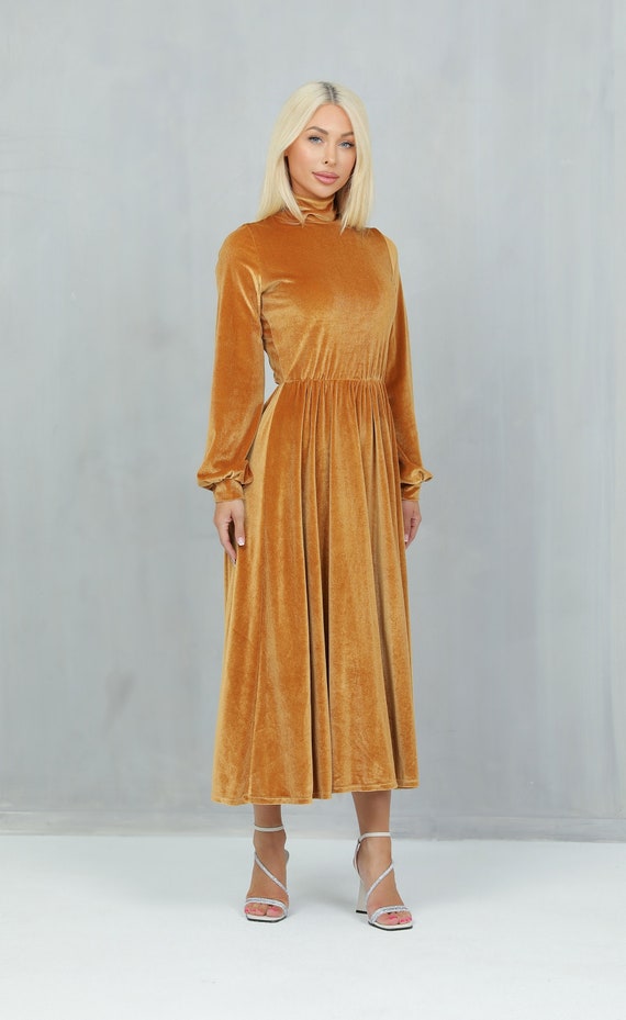 marigold velvet bridesmaid dress Midi Dress, Long Sleeve Mock Neck Wedding Guest Dress, Keyhole Back elegant short dress