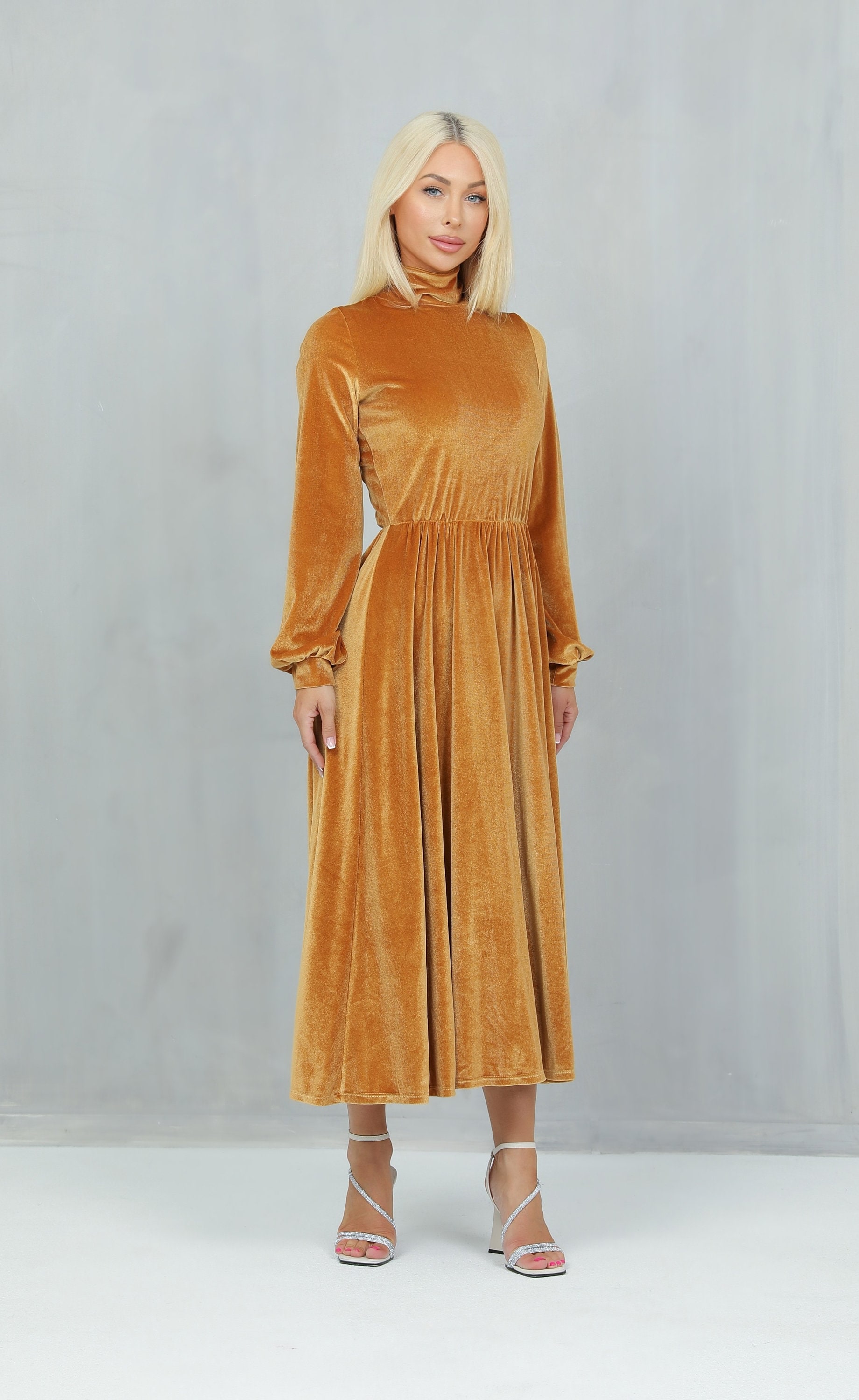 gold velvet dress long sleeve Marigold Midi Dress, Mock Neck Wedding Guest Dress, Keyhole Back gold velvet dress short