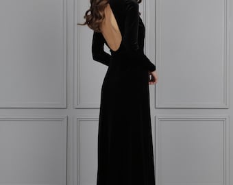 Wedding Guest Velvet Dress, Backless A-Line Gown, Long Sleeve Black Dress