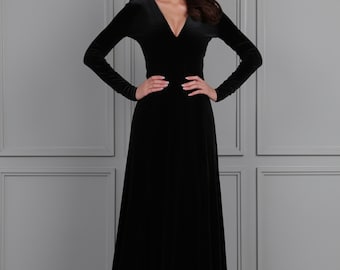 Vestido formal de terciopelo negro, vestido de dama de honor con escote pronunciado y manga larga.