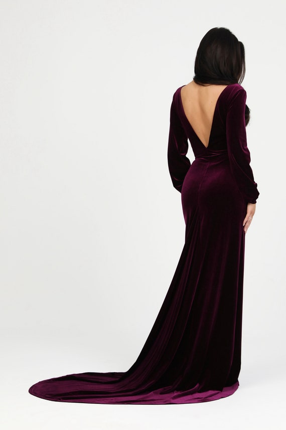 long sleeve backless mermaid prom dress Evening Velvet Gown, Purple Wedding Dress, Recreate Jennifer Aniston's Iconic weddingguestoutfits SIZE:Small cup C 35 days after your