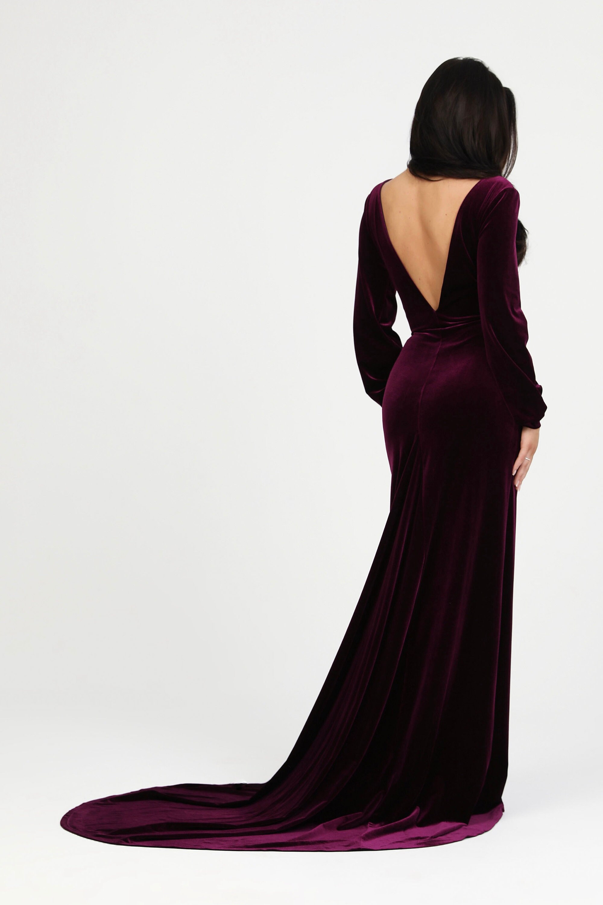 chinese dress ladies Alondra Ruched Velvet Front Slit Mermaid Dress