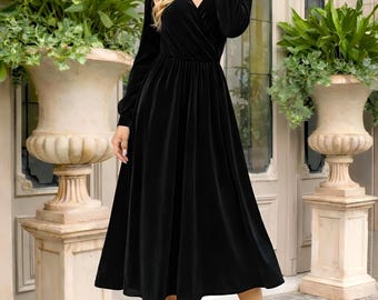 Velvet Midi Dress Black Formal Dress, Long Sleeve A- Line Dress, Elegant Bridesmaid Dress with Pockets