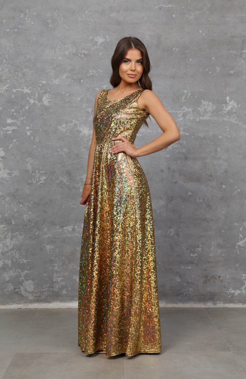 Gold Iridescent Bridesmaid Dress Holographic Metallic Performance Stage Club Dress Party Dress Date Night A Line Dress Woman Dress Disco Exclusive Festival Rave Vibe Gold Long Dress
wedding dress maid of honor maxi dress reception dress gold