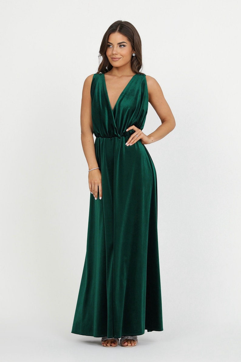 Formal dress, velvet dress, bridesmaid dress, occasion dress, a line dress, elegant dress, low back dress, maxi dress dark green image 1