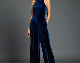 Tuta in velluto blu navy, tuta senza maniche a gamba larga, tailleur pantalone formale con scollo all'americana