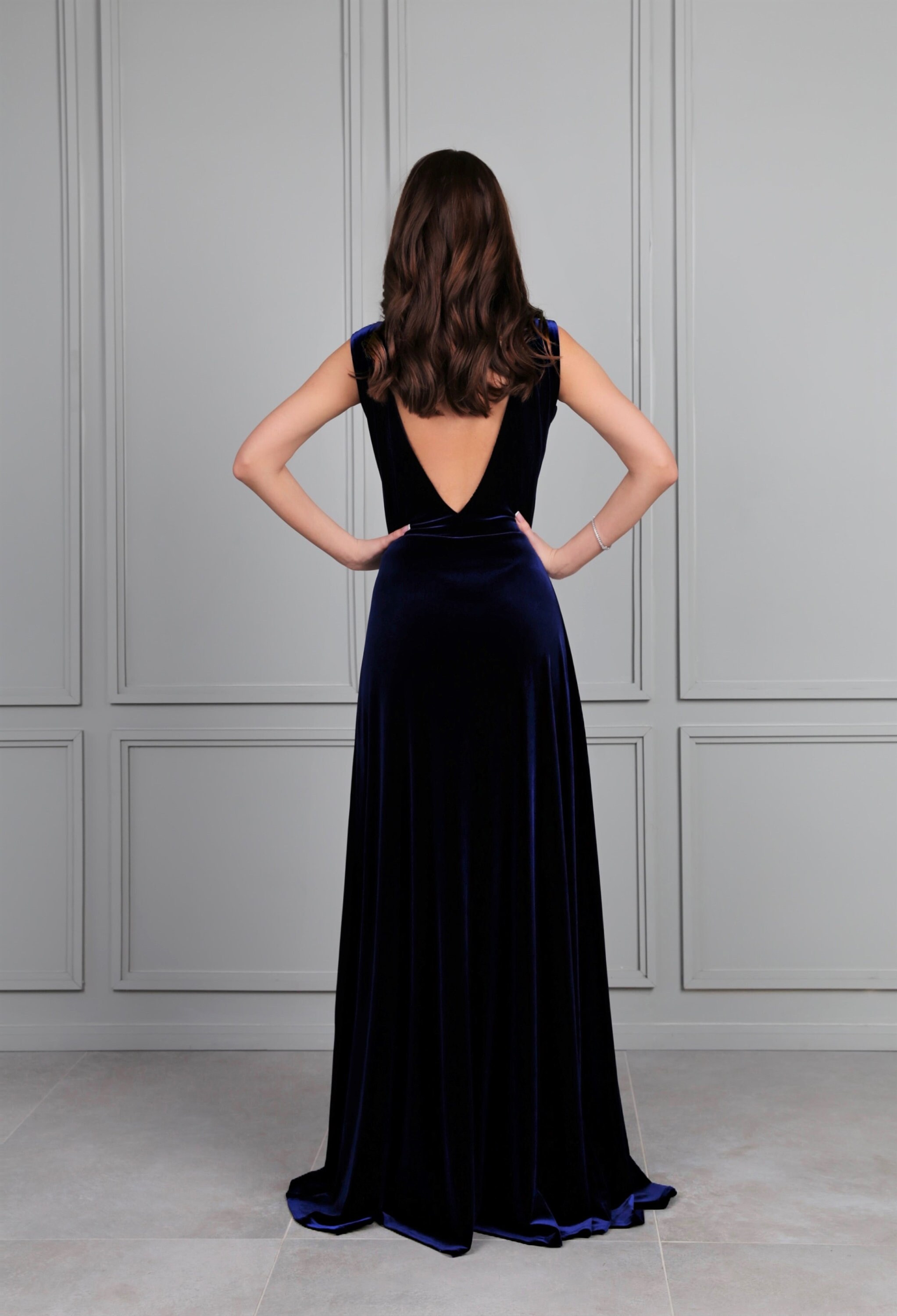 blue dress for baby girl Abilene Navy Velvet High-Neck Split Maxi Dress  Club L London