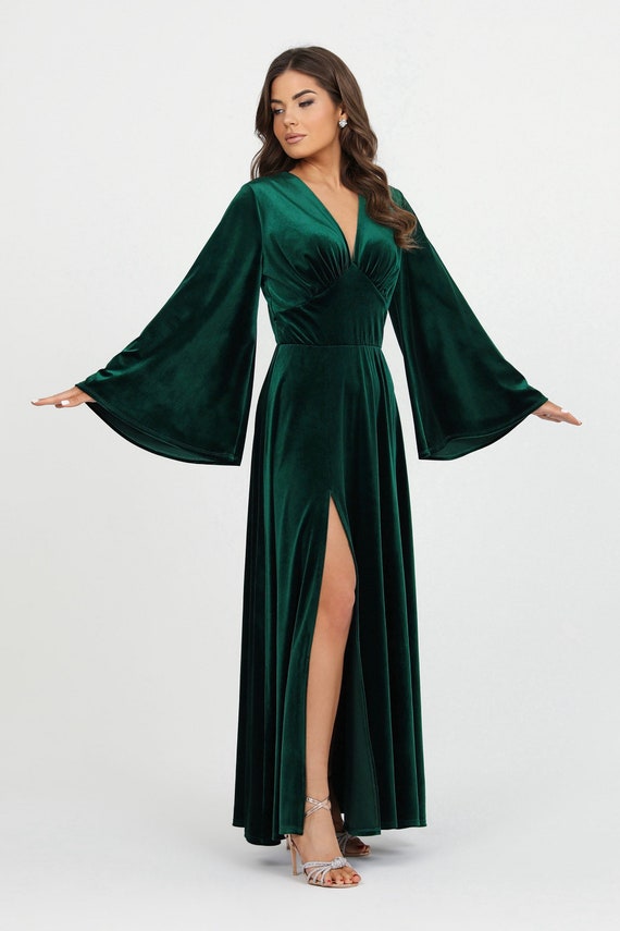 Velvet wedding guest dress, emerald bell sleeve gown, V-neck formal evening dress, elegant Velvet maxi dress