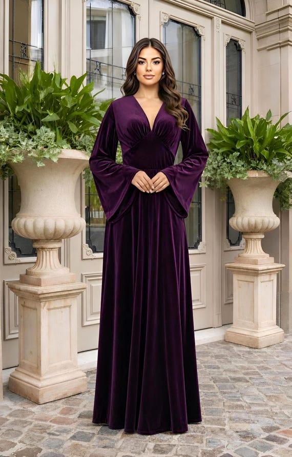 purple velvet homecoming dress V Neck Dress, A-Line Bell Sleeve Maxi Dress, Formal Evening Gown, Elegant Wedding Guest Dress, Plum Velvet Gown coffe
