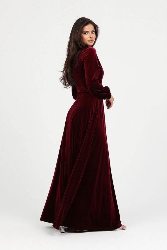 Velvet Bridesmaid Dress, Elegant Long Sleeve Gown, Burgundy Evening Dress