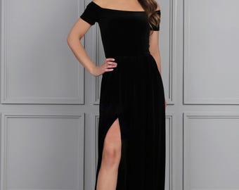Black Velvet Dress, Short Sleeve Evening Gown, Off Shoulder Formal Dress, High Slit Maxi Dress, Wedding Guest Dress