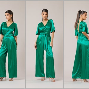 Jumpsuit, green cocktail jumpsuit, satin jumpsuit, bridesmaid jumpsuit, backless jumpsuit, elegant jumpsuit, wide leg jumpsuit, formal jumpsuit, wedding guest jumpsuit, party wear, one piece jumpsuit, date night, jumpsuit women, jumpsuit gala, gown