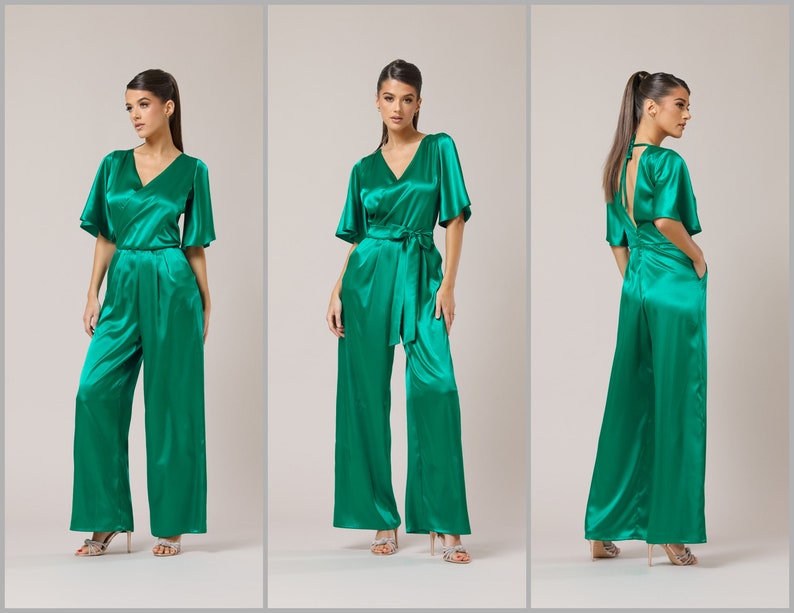 Jumpsuit, green cocktail jumpsuit, satin jumpsuit, bridesmaid jumpsuit, backless jumpsuit, elegant jumpsuit, wide leg jumpsuit, formal jumpsuit, wedding guest jumpsuit, party wear, one piece jumpsuit, date night, jumpsuit women, jumpsuit gala, gown