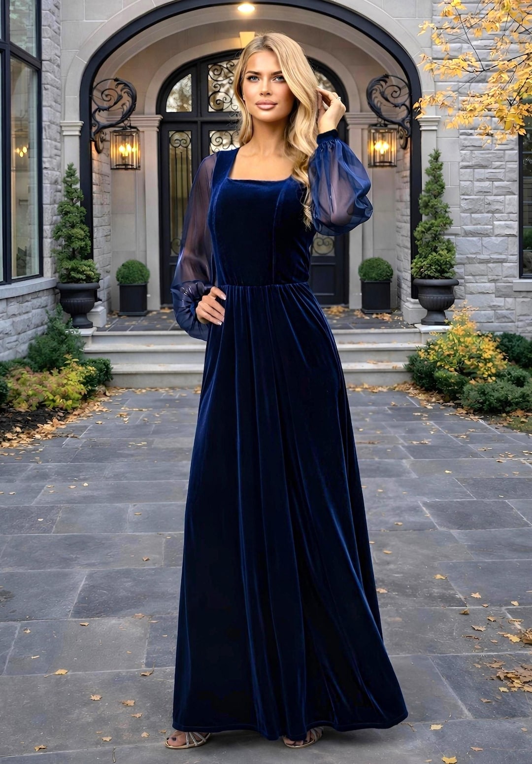 long sleeve navy blue chiffon dress A Line Dark Grey Long Chiffon Mother of the Bride Dress with Slit
