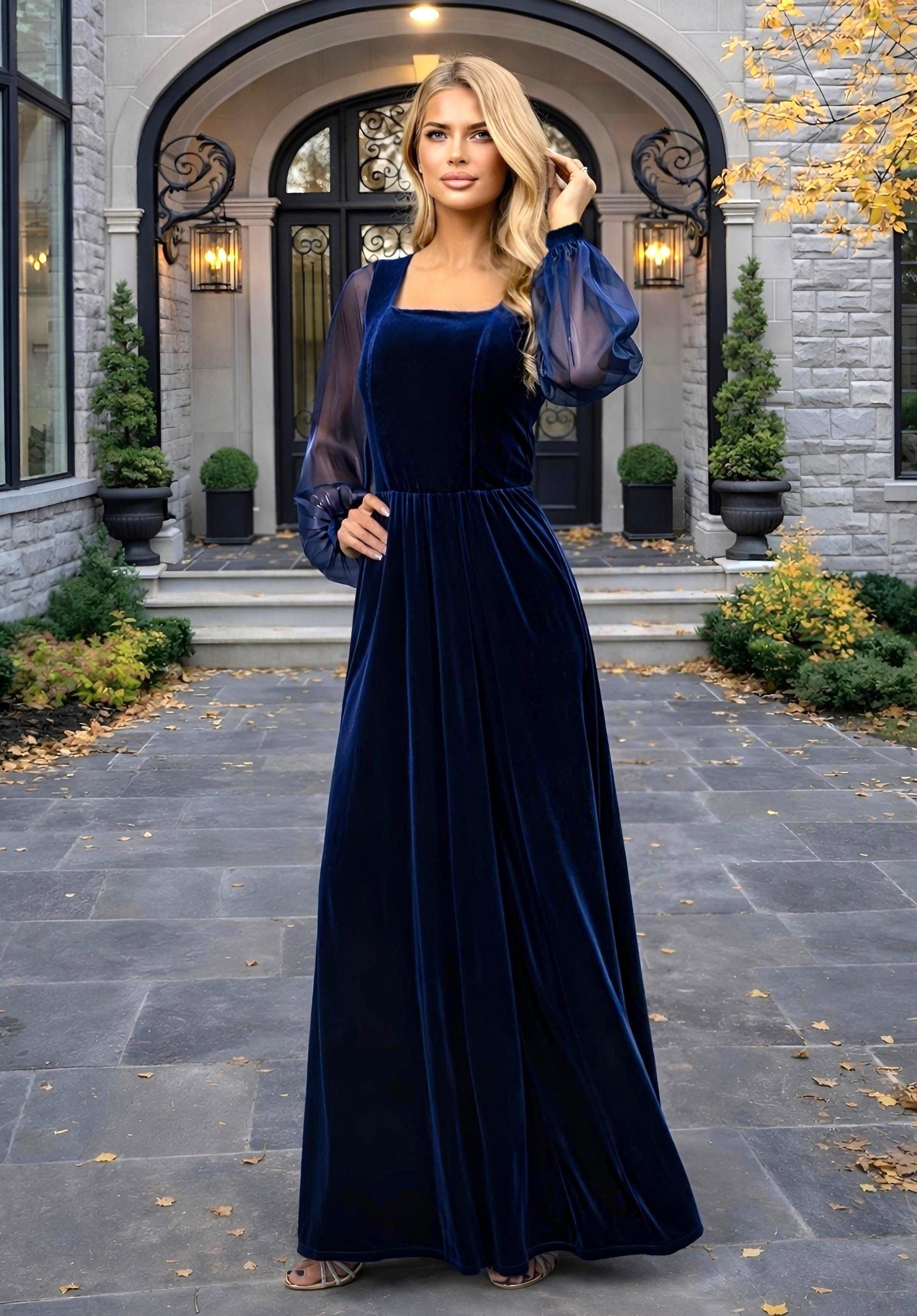 blue velvet long sleeve dress Velvet blue dress with baguette embroidery featuring an overskirt