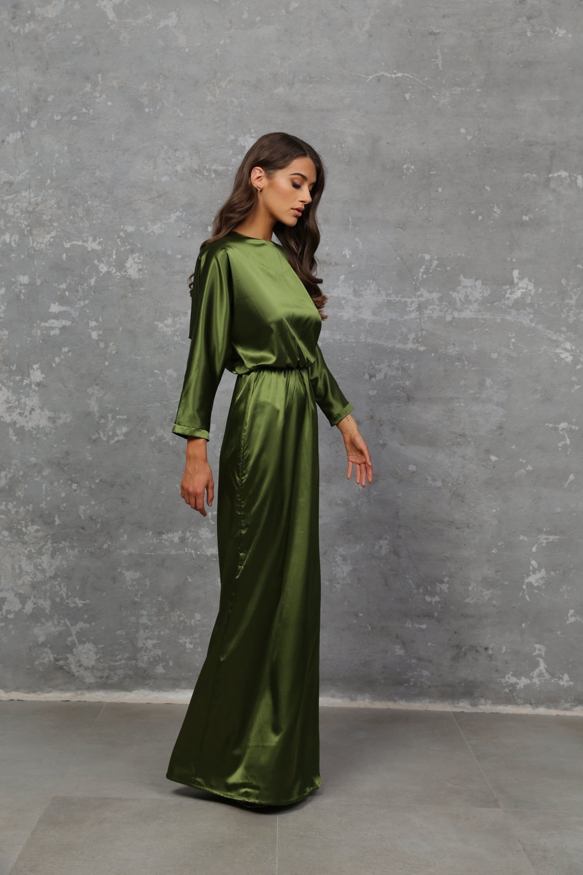 olive green satin dress long sleeve TFNC Plus long sleeve satin cowl back maxi dress in olive green