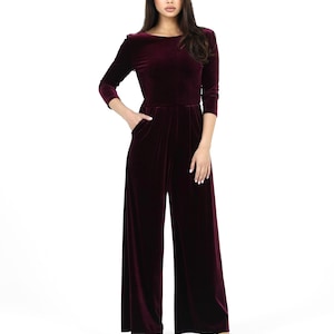 Velvet purple jumpsuit, wide leg backless overalls, elegant jumpsuit for holiday parties