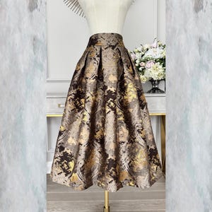 Bronze Jacquard Tea Length Skirt, Box pleat brown brocade skirt, women modest skirt brown