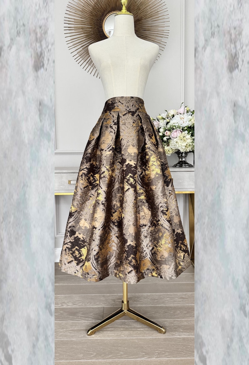Bronze Jacquard Tea Length Skirt, Box pleat brown brocade skirt, women modest skirt brown
