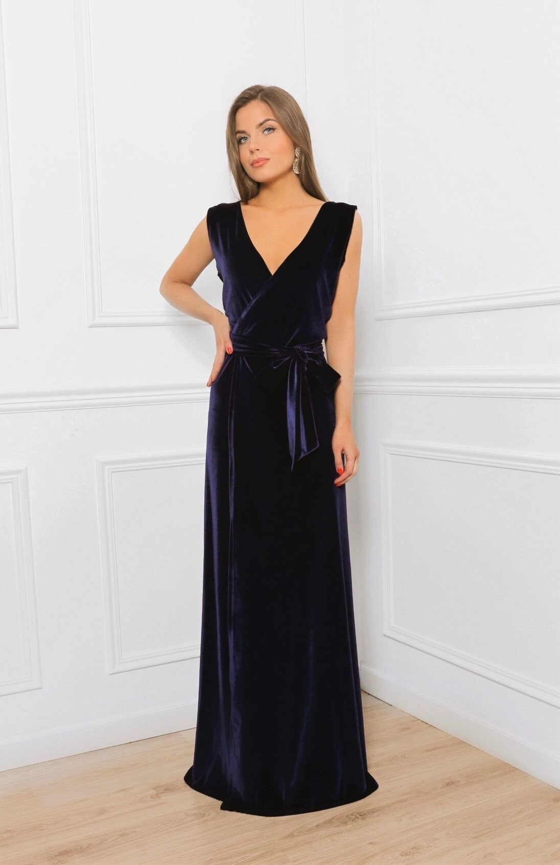 Navy Blue Velvet A Line Maxi Dress/ Wrap Neckline Deep Open Etsy