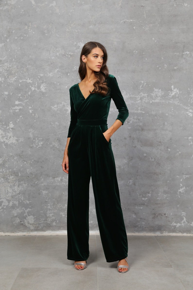 Dark green jumpsuit, jumpsuit for women, bridesmaid velvet jumpsuit, wedding guest jumpsuit, wide leg jumpsuit party jumpsuit, green velvet jumpsuit, with pockets, neck wrap, cocktail jumpsuit, evening jumpsuit, party wear, formal jumpsuit women